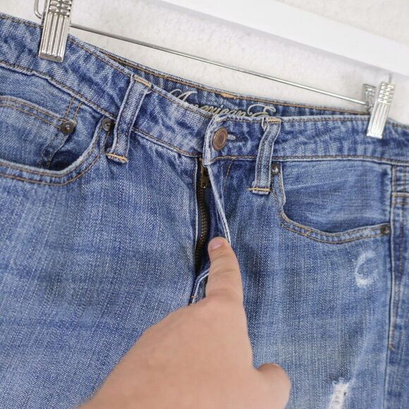American Eagle Blue Factory Distressed Denim Jeans 4R 32/26 Mid Rise - Picture 5 of 13